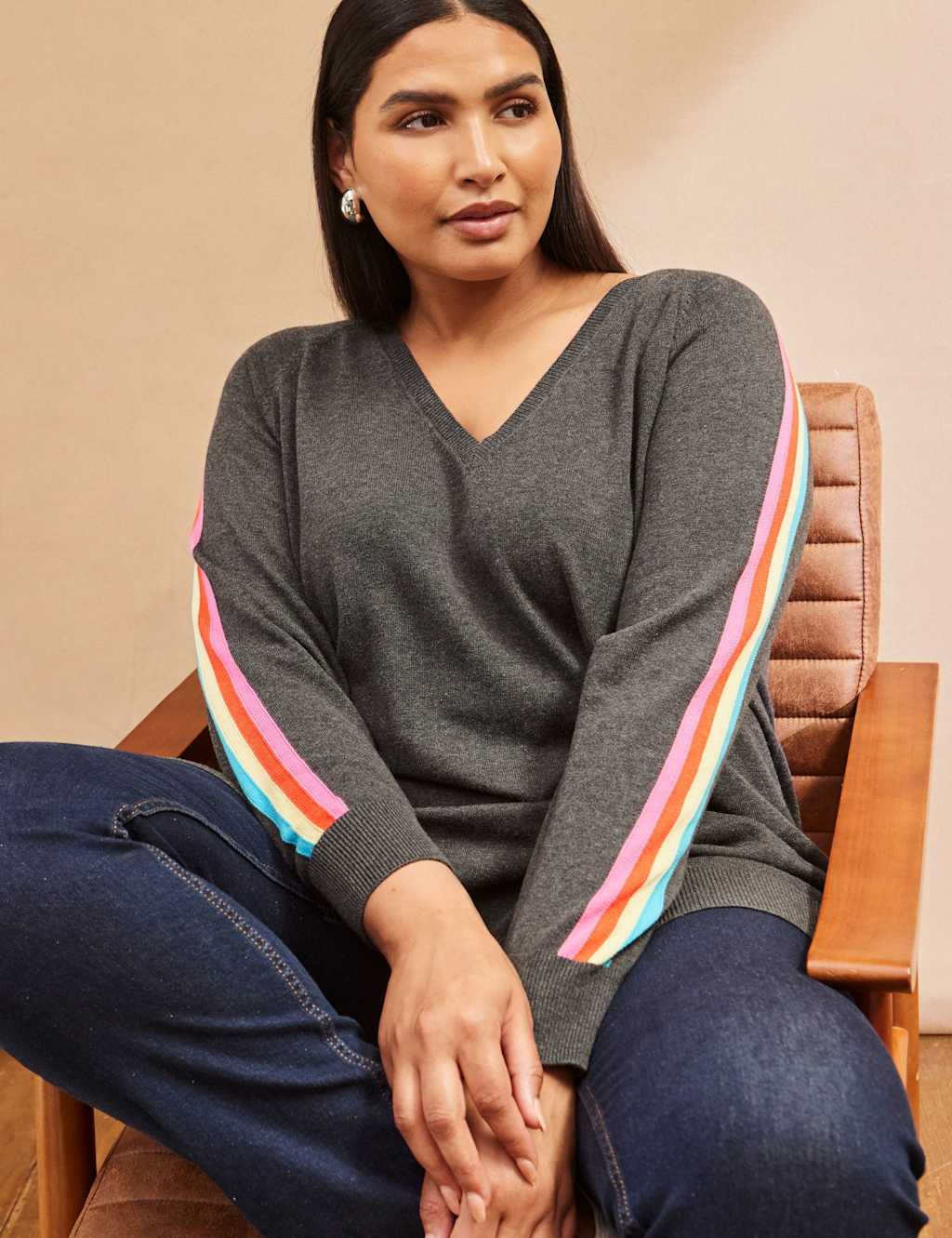 Live Unlimited London Cotton Rich V-Neck Rainbow Stripe Jumper Grey