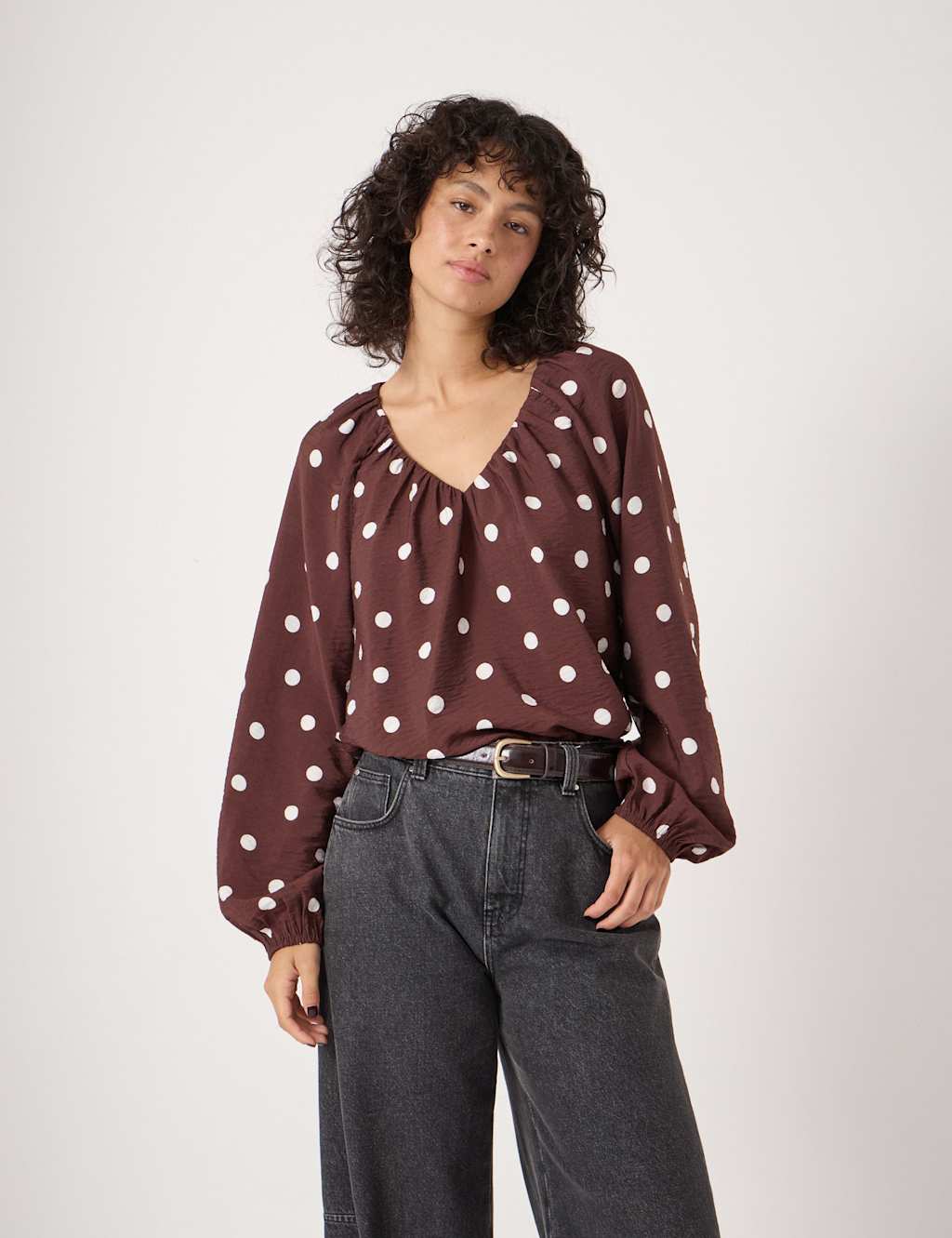 HUSH Polka Dot Printed V-Neck Blouse Brown Mix