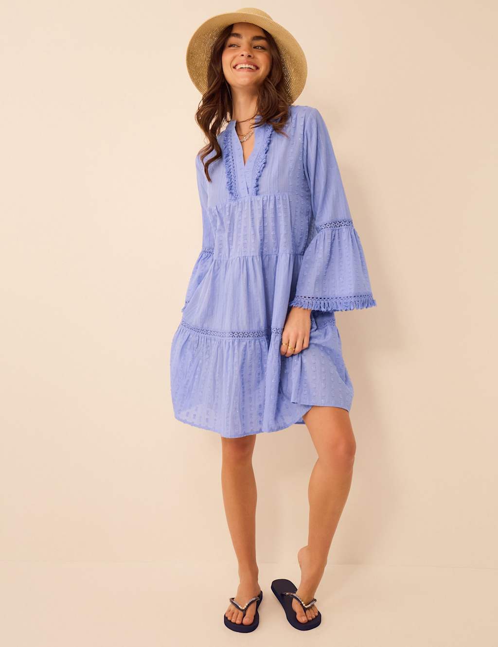 Accessorize Women's Cotton Rich Flute Sleeve Beach Dress - Extra Large - Blue - Available at M&S
