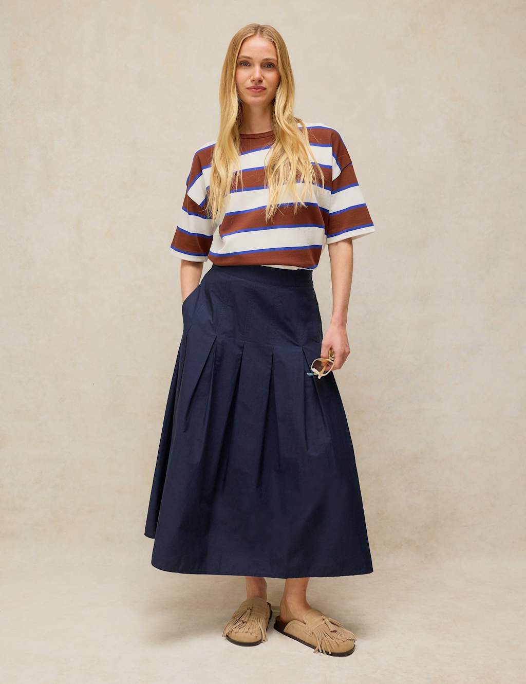 White Stuff Women's Pure Cotton Midi A-Line Skirt - 8 - Navy - Available at M&S
