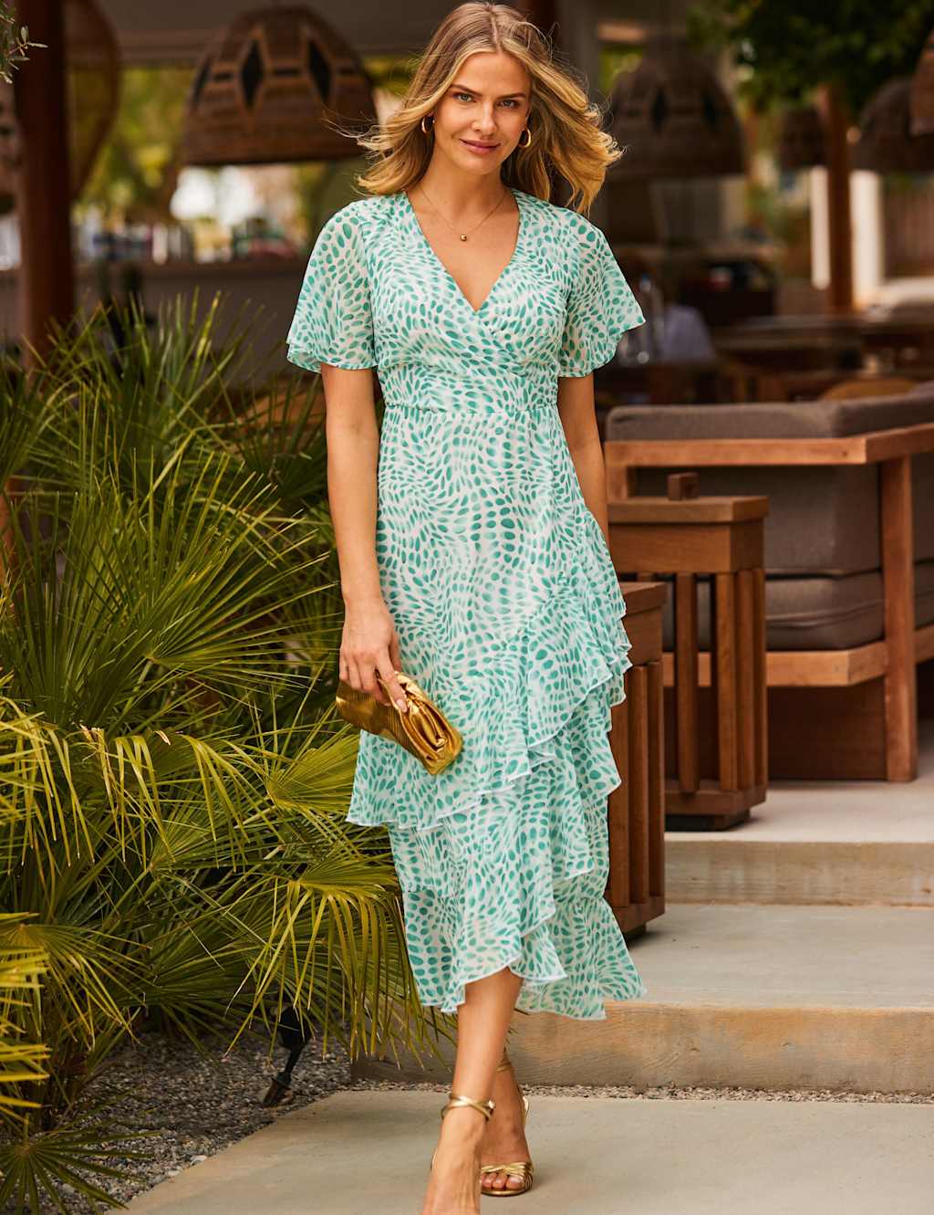 Printed Angel Sleeve Midaxi Wrap Dress