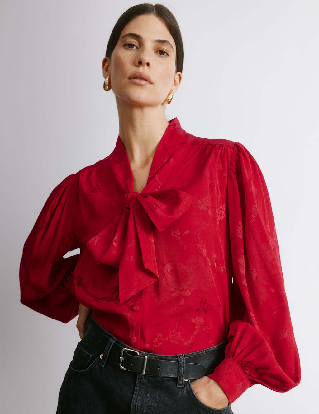 Albaray Satin Jacquard Tie Neck Blouse Red Mix