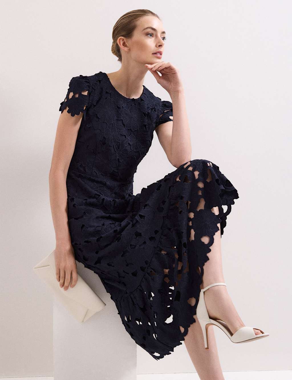 Phase Eight Women's Lace Cutwork Detail Midi Skater Dress - 12 - Navy - Available at M&S