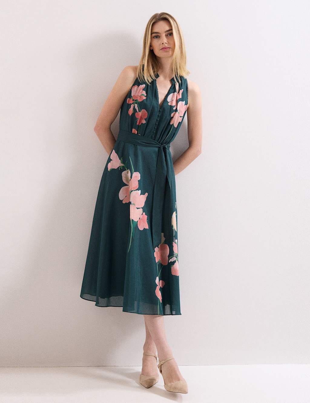 Phase Eight Women's Floral V-Neck Midi Skater Dress - 14 - Teal Mix - Available at M&S