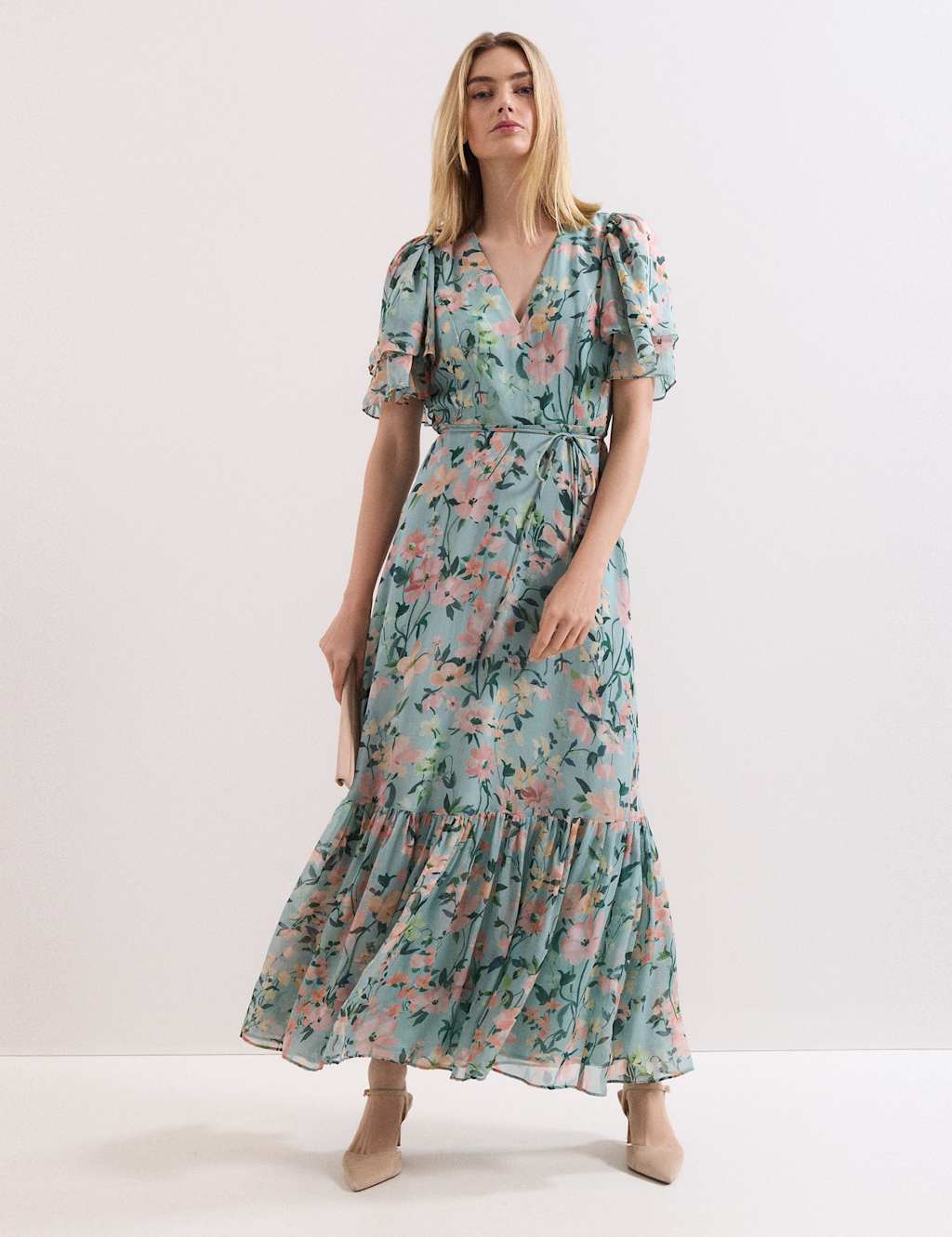 Phase Eight Women's Chiffon Floral V-Neck Angel Sleeve Maxi Waisted Dress - 14 - Multi - Available at M&S
