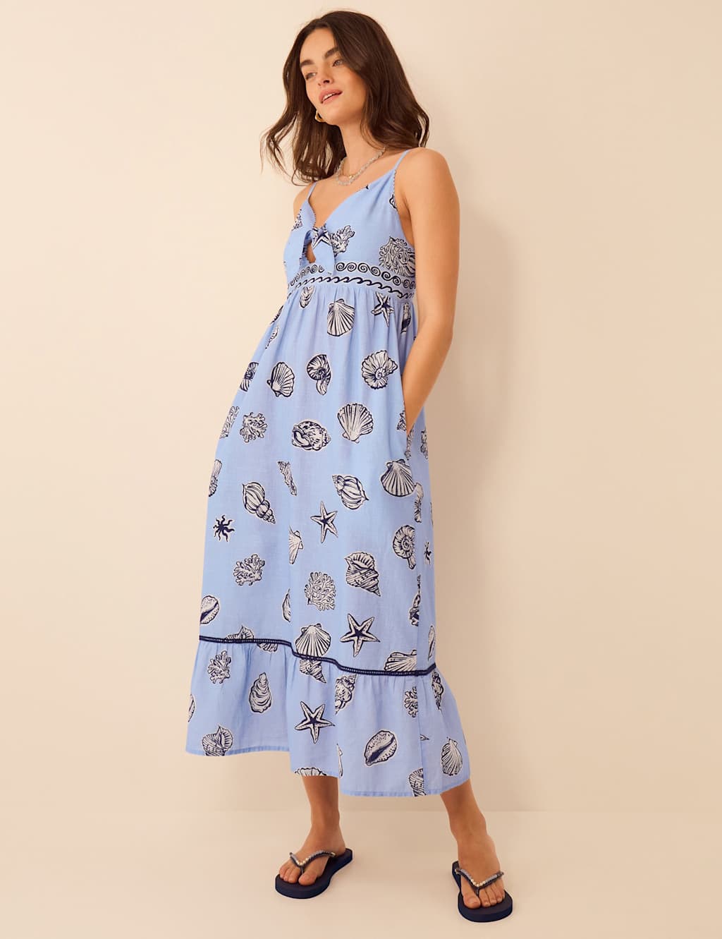 Accessorize Women's Pure Cotton Shell Print V-Neck Beach Dress - Small - Blue - Available at M&S