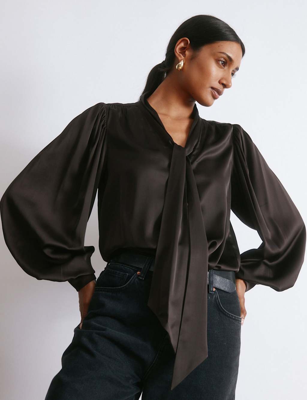 Albaray Satin Tie Neck Blouse Dark Brown