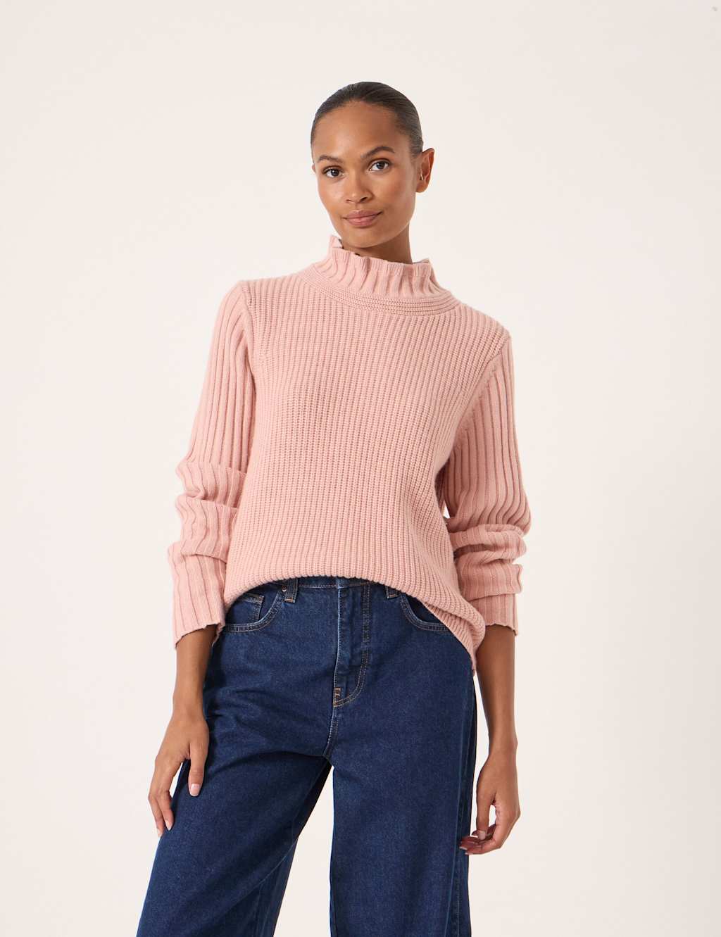 HUSH Ribbed Frill Neck Jumper with Wool Soft Pink