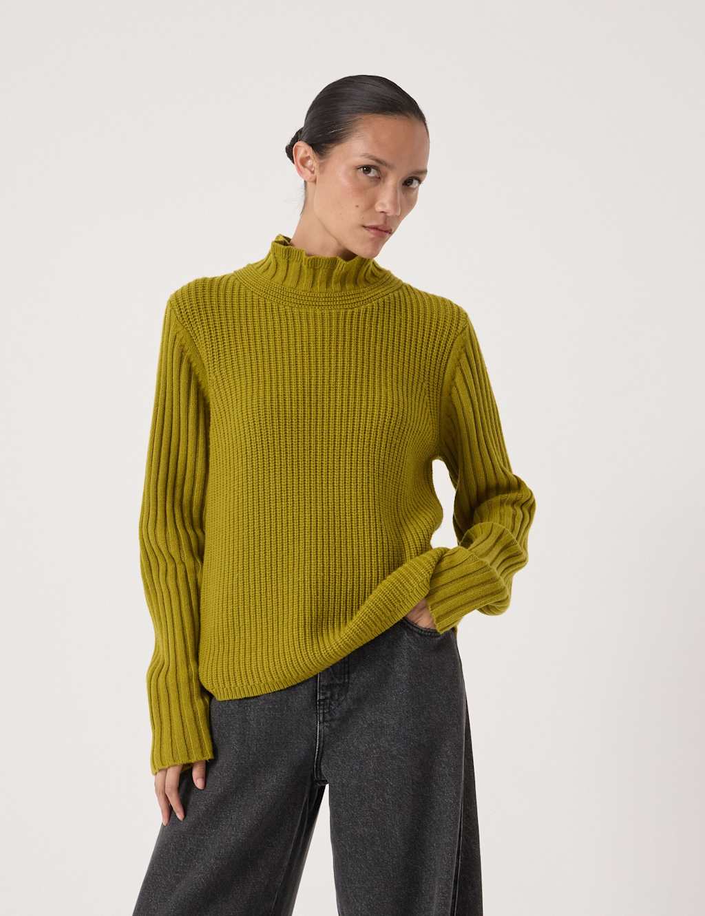 HUSH Ribbed Frill Neck Jumper with Wool Brown