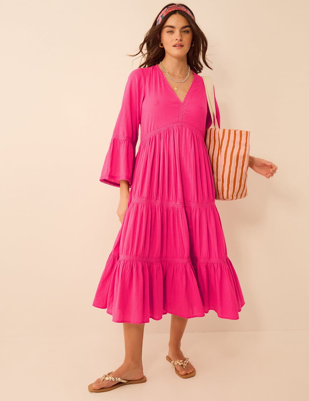 Accessorize Women's Pure Cotton V-Neck Midi Beach Dress - Medium - Pink - Available at M&S