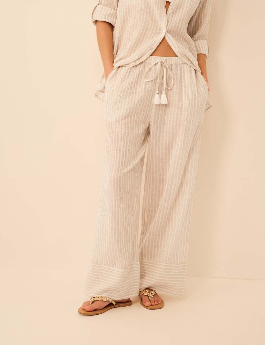 Accessorize Women's Cotton Rich Sparkly Striped Beach Trousers - Large - Gold - Available at M&S