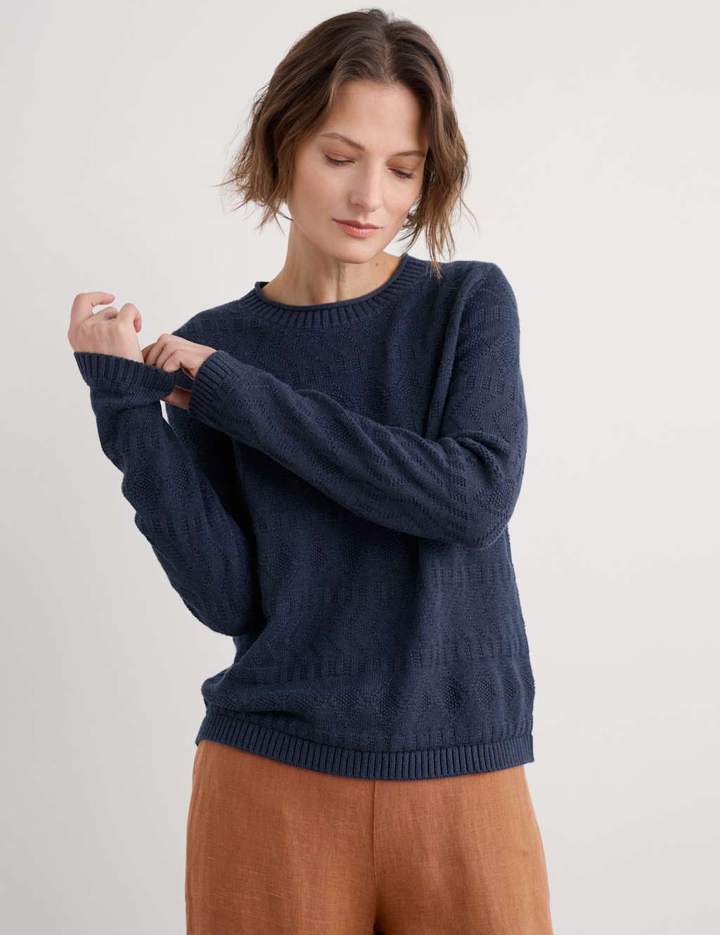 Seasalt Cornwall Women's Pure Cotton Diamond Stitch Crew Neck Jumper - 12 - Navy, Navy,Natural,Green,Red