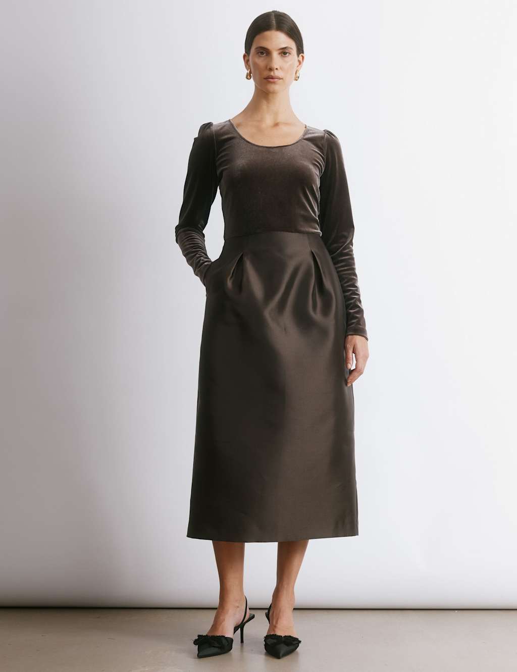 Albaray Velvet & Taffeta Midi Waisted Tulip Dress Chocolate