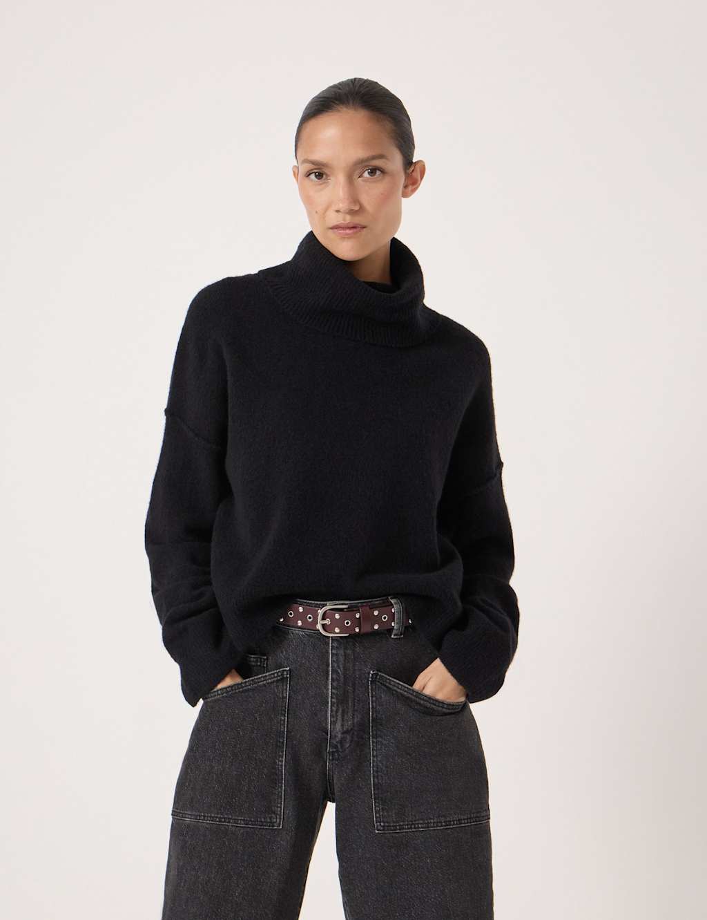 HUSH Wool Blend Roll Neck Cropped Jumper Black