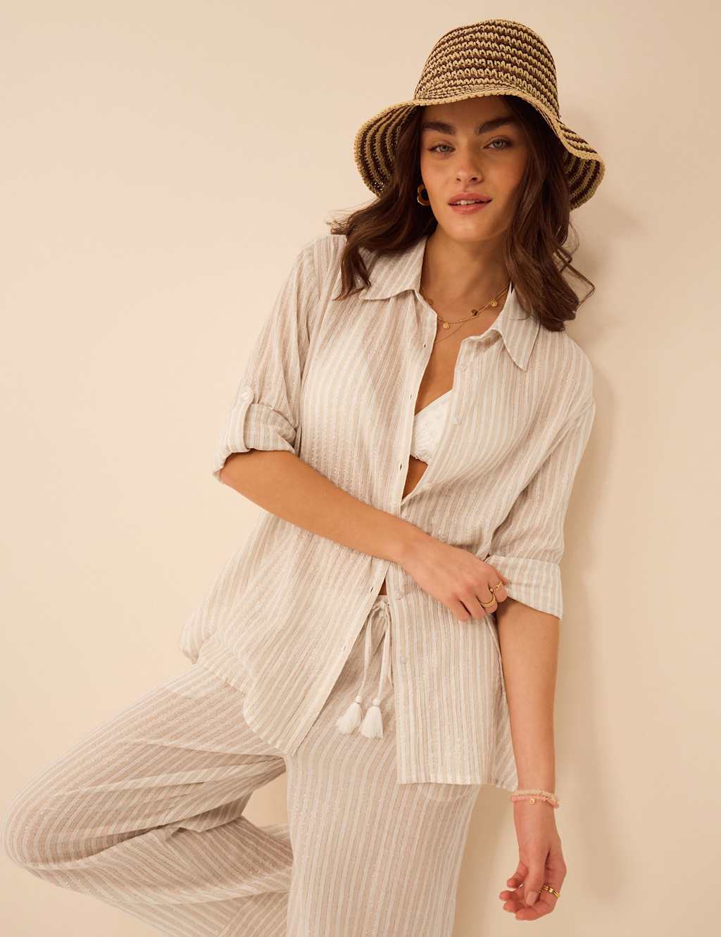 Accessorize Women's Cotton Rich Striped Relaxed Beach Shirt - Extra Large - Gold - Available at M&S