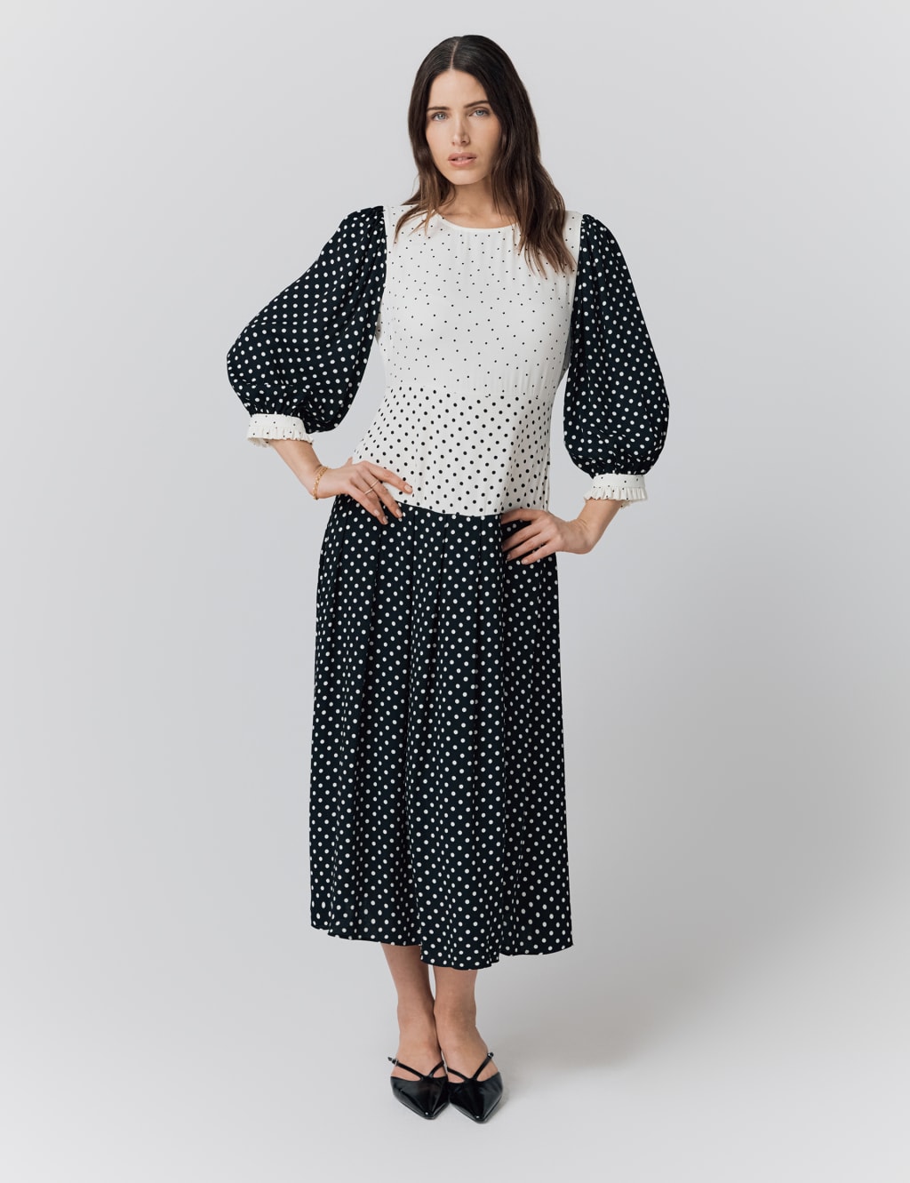 Crepe Polka Dot Midi Skater Dress