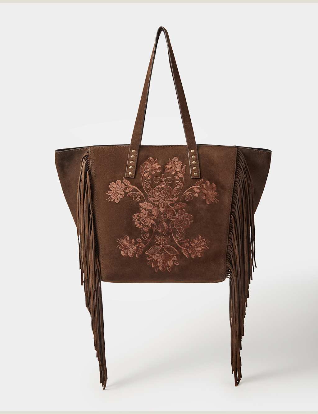 Accessorize Women's Suede Embroidered Fringed Tote Bag - Chocolate - Available at M&S