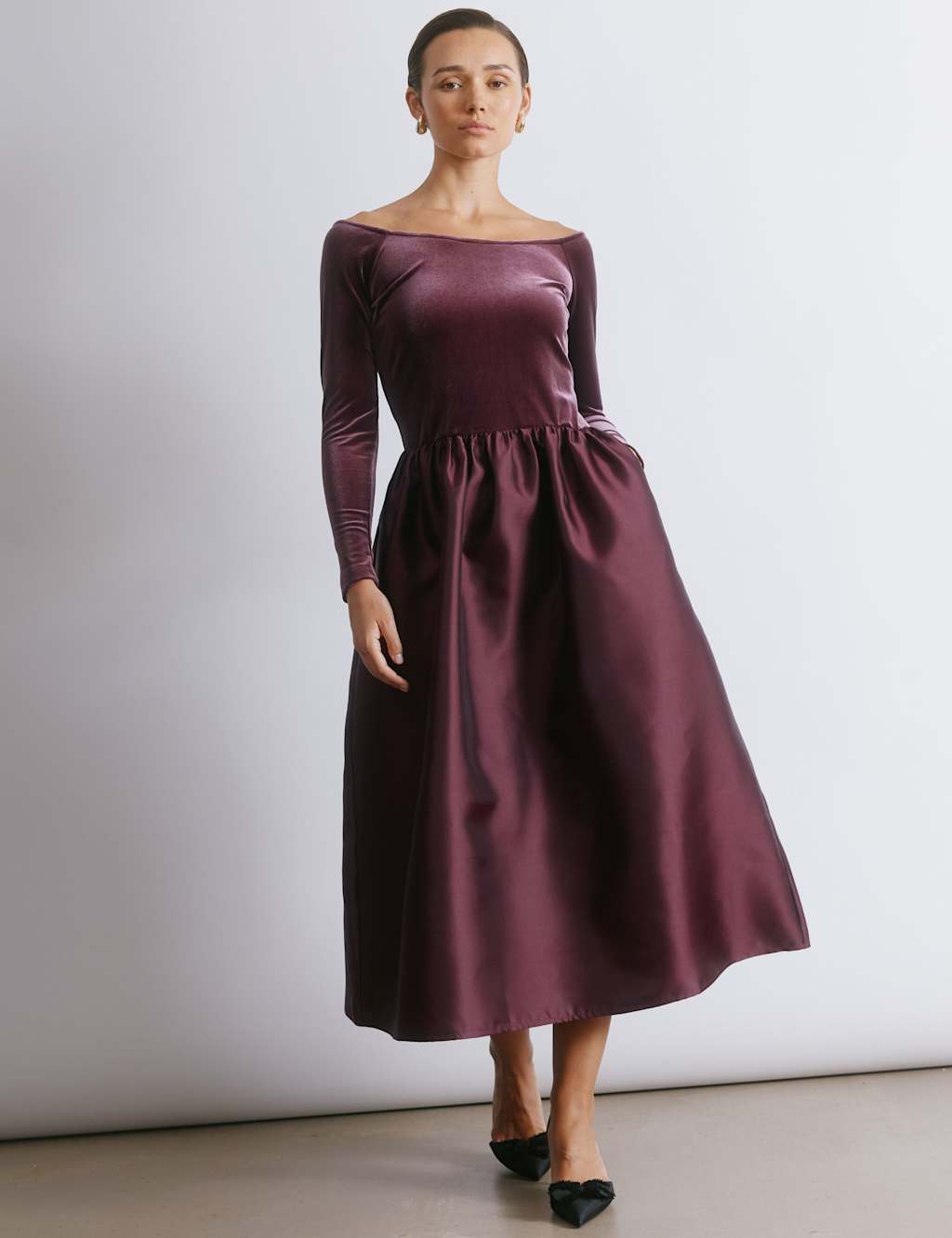 Albaray Velvet & Taffeta Midi Bandeau Dress Burgundy