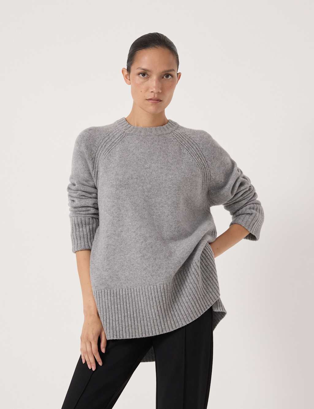 HUSH Pure Wool Textured Crew Neck Jumper Grey Marl