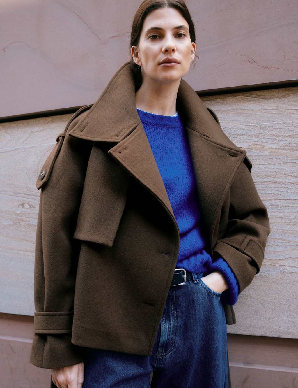 Albaray Funnel Neck Belted Short Jacket Chocolate