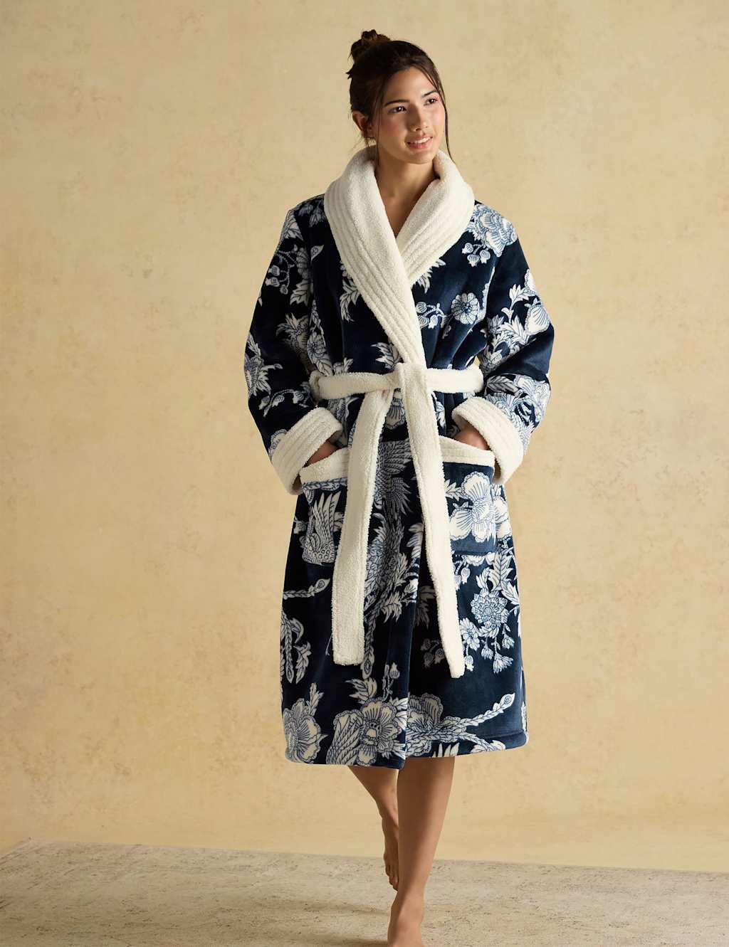 Joules Fleece Floral Dressing Gown Navy Mix