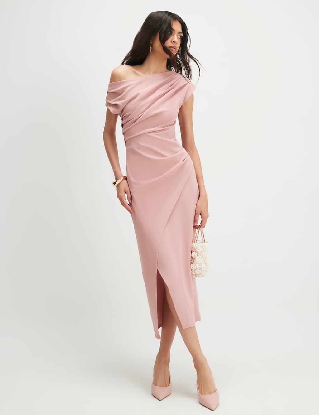 River Island Women's One Shoulder Draped Midi Bodycon Dress - Large - Pink - Available at M&S