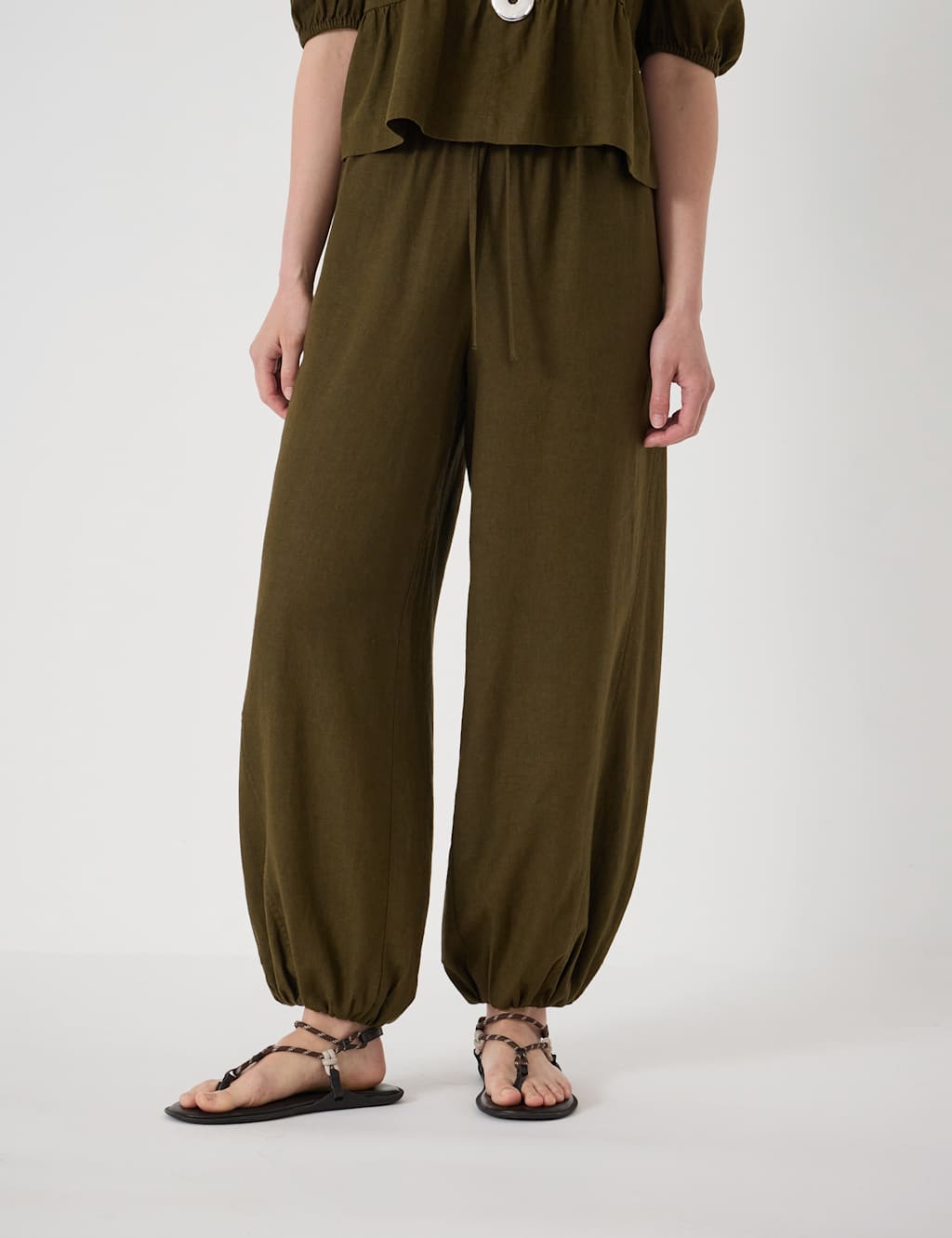 Hush Women's Linen Rich Barrel Leg Beach Trousers - Small-Medium - Khaki - Available at M&S