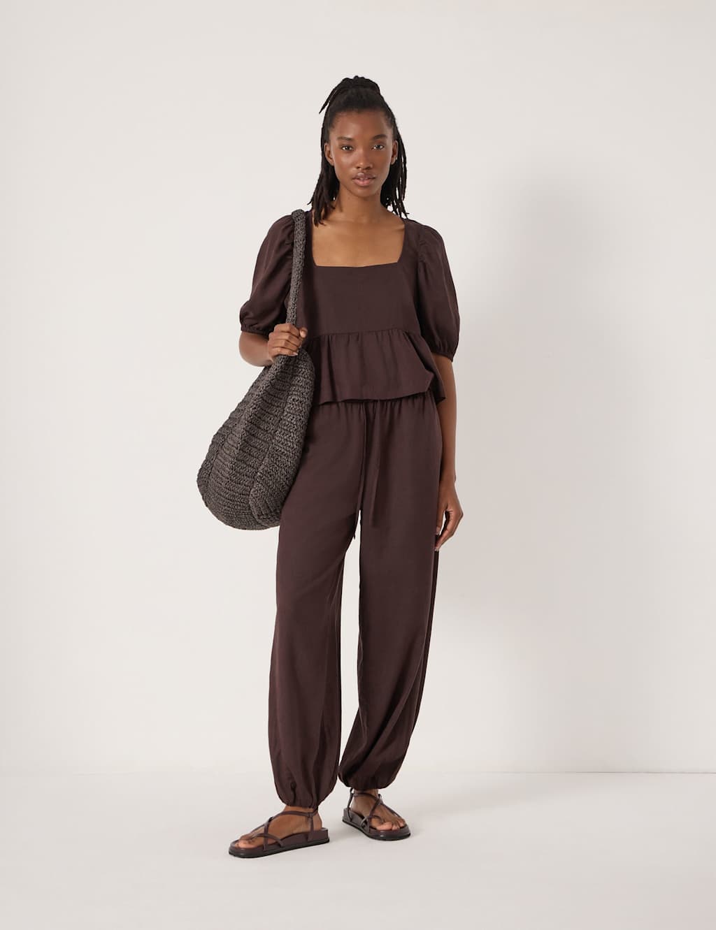Hush Women's Linen Rich Barrel Leg Beach Trousers - Small-Medium - Dark Brown - Available at M&S