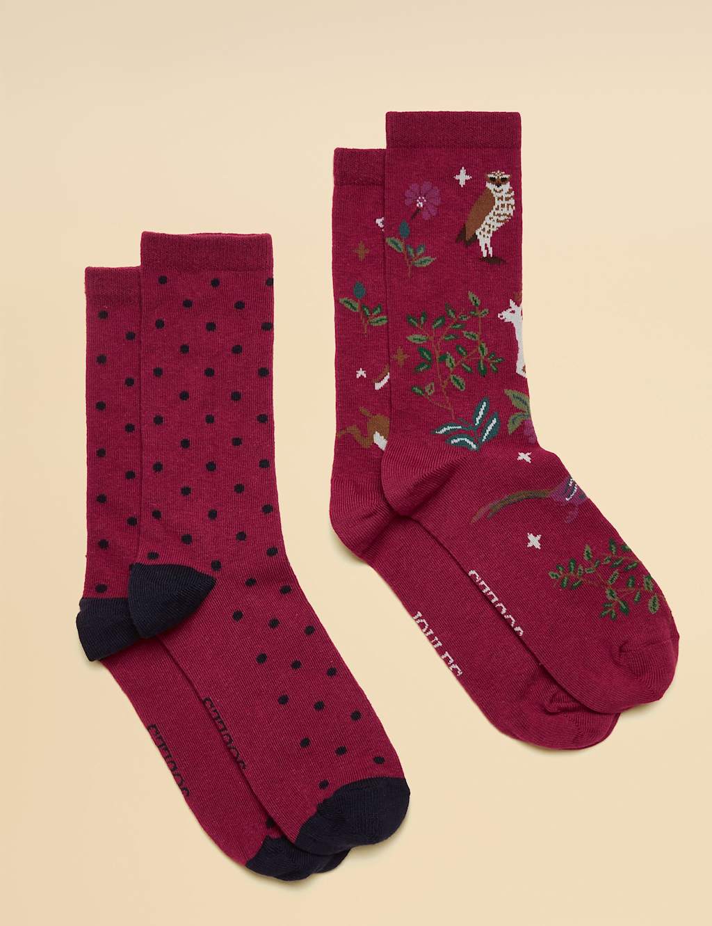 Joules 2 Pack Cotton Rich Woodland Polka Dot Socks Burgundy Mix