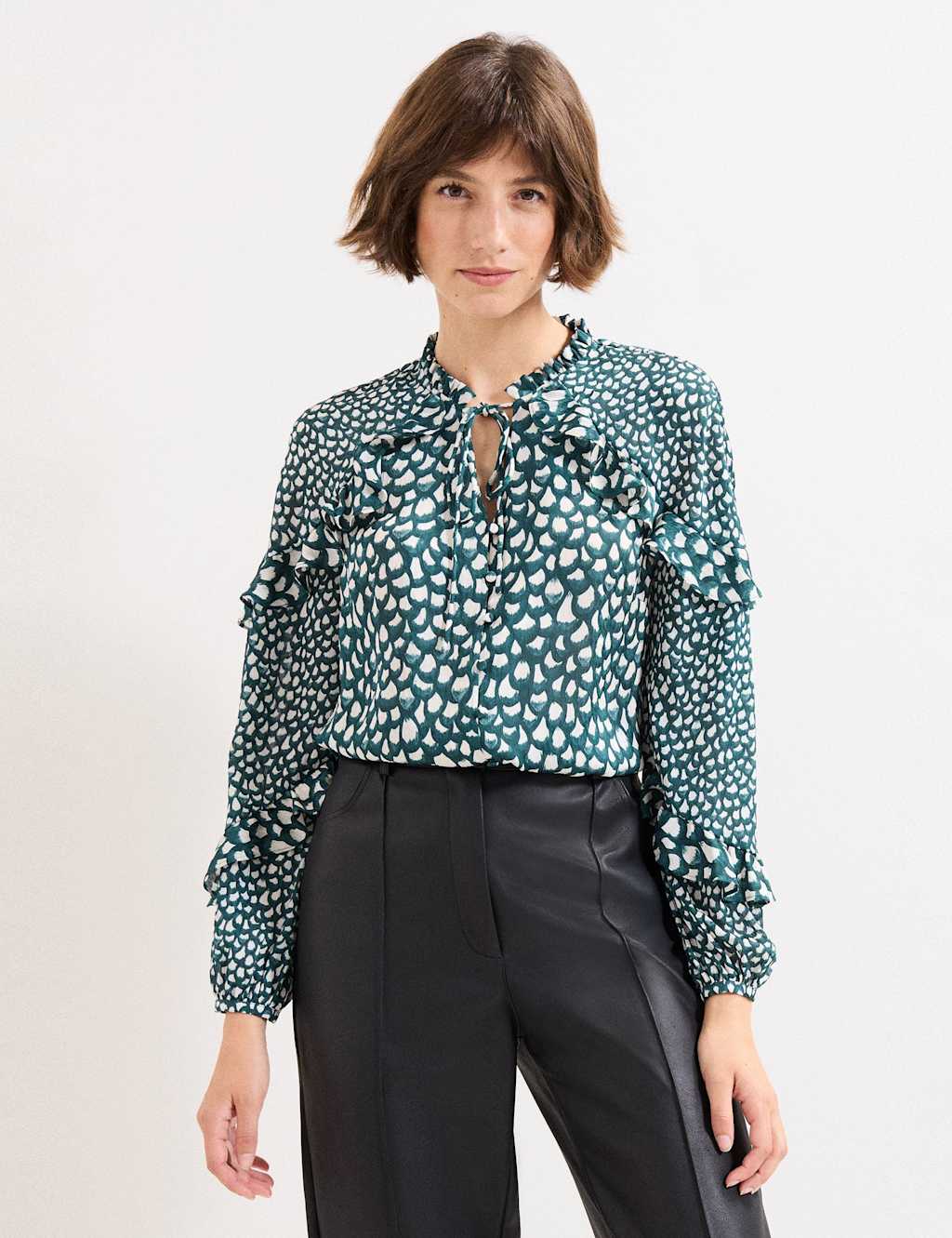 Phase Eight Printed Tie Neck Frill Detail Blouse Green Mix