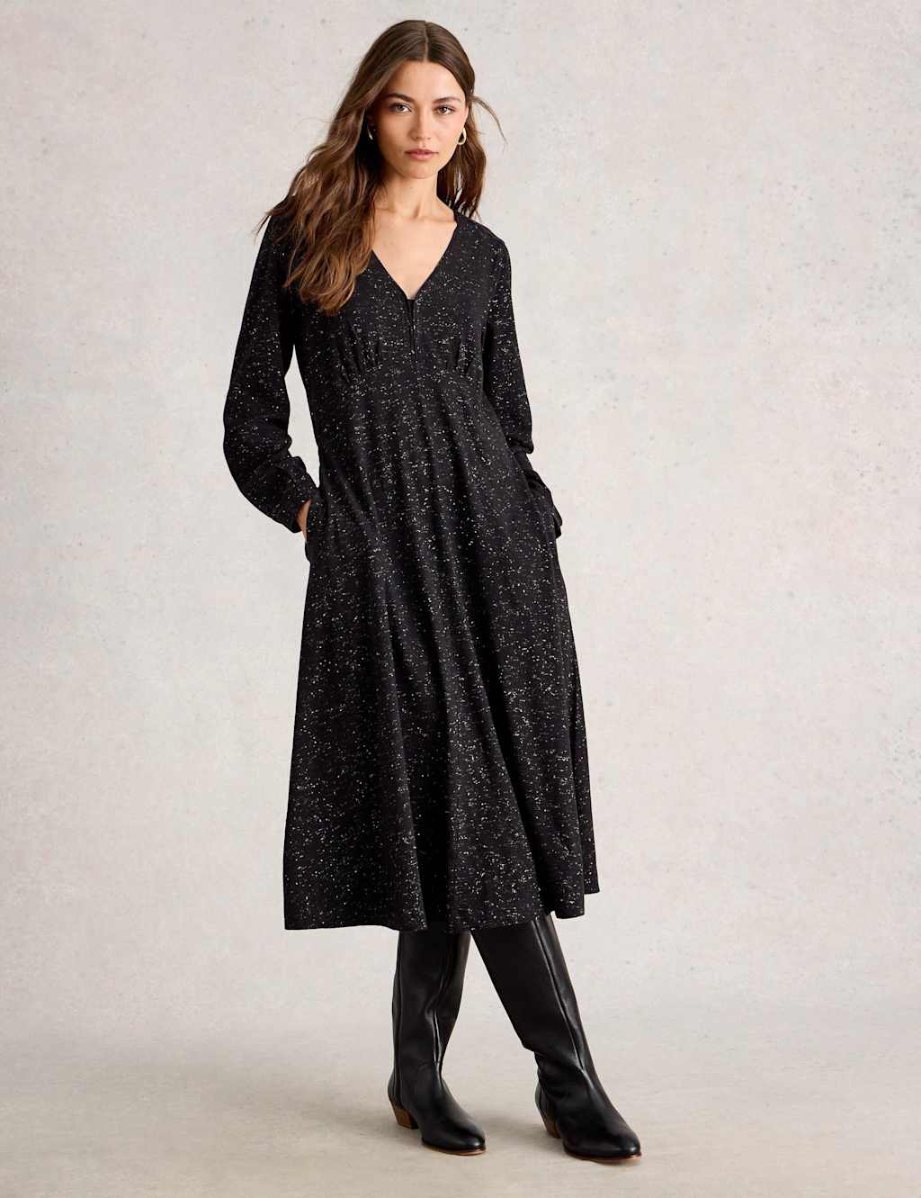 White Stuff Cotton Rich Jersey Sparkle V-Neck ea Dress Black
