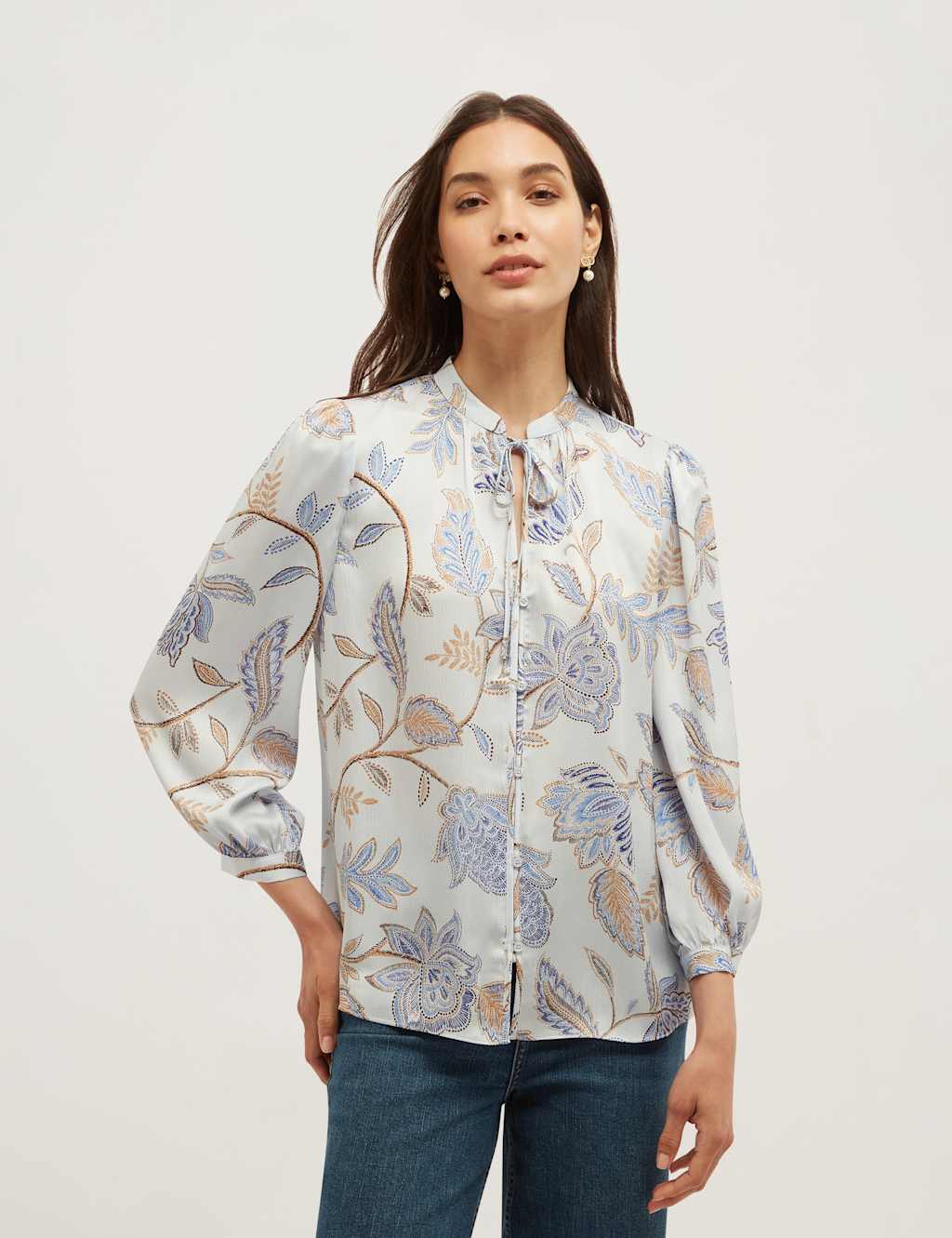 Hobbs Women's Floral Tie Neck Button Through Blouse - 8 - Blue Mix - Available at M&S