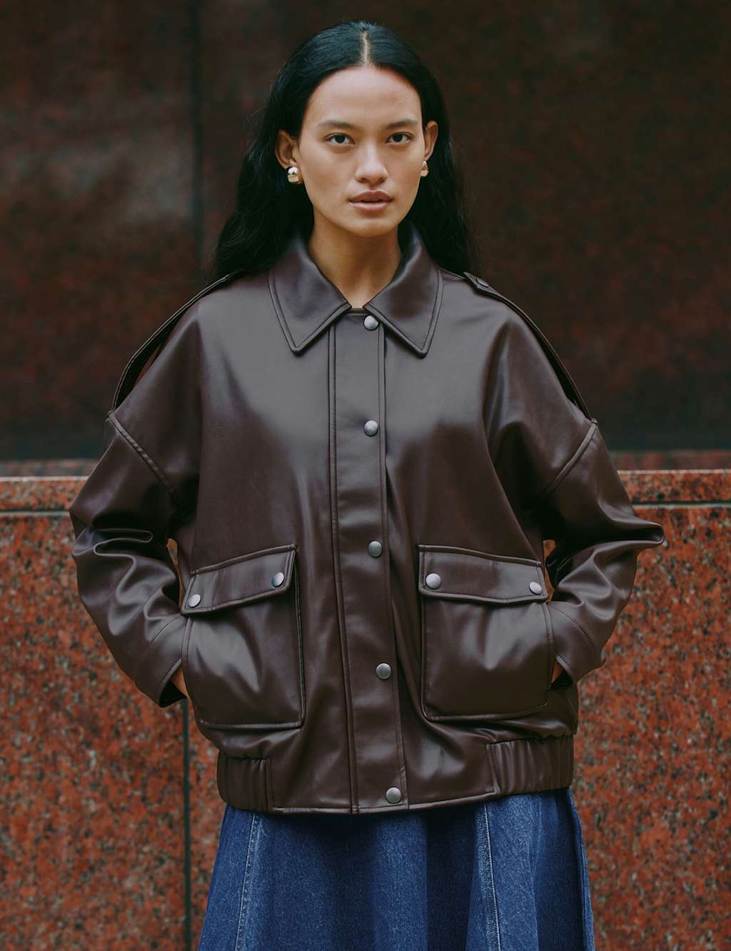 Albaray Women's Faux Leather Collared Bomber Jacket - 12 - Brown, Brown
