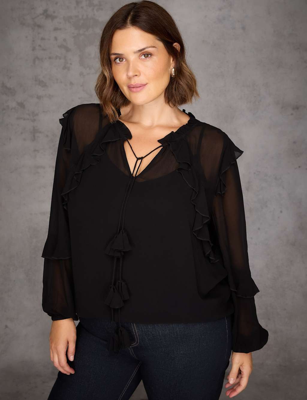 Live Unlimited London Ruffle Tie Neck Blouson Sleeve Blouse Black