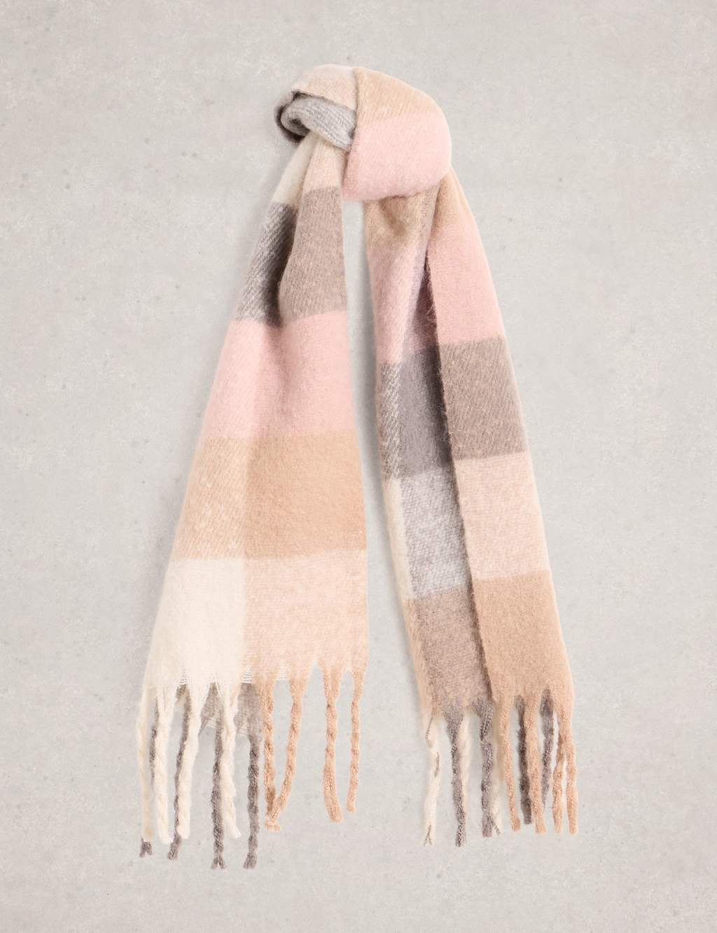 White Stuff Brushed Checked Fringed Scarf Natural Mix