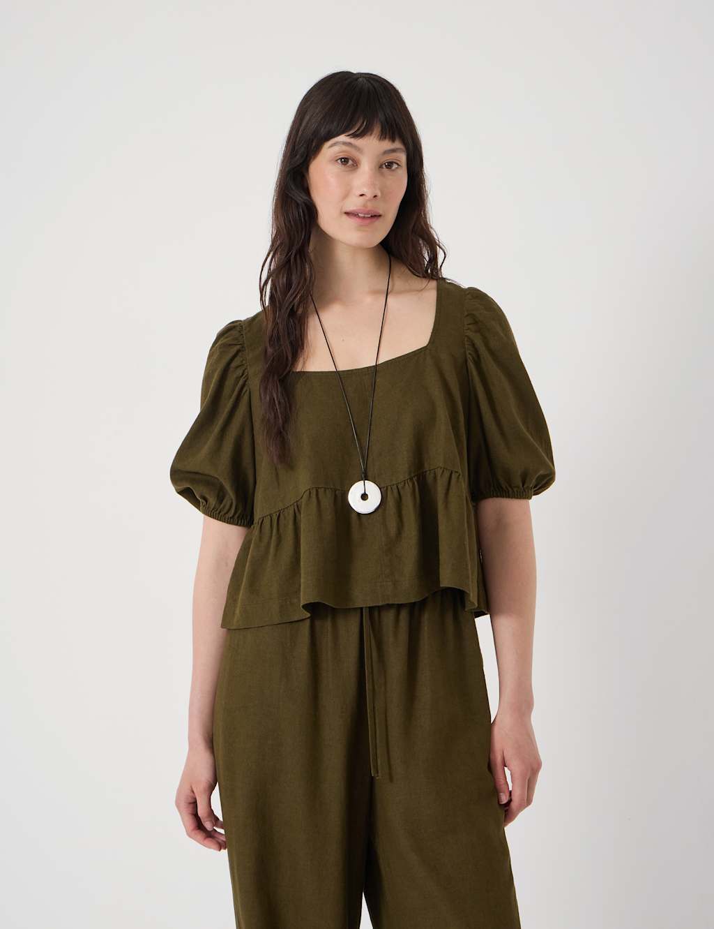 Hush Women's Linen Rich Square Neck Puff Sleeve Beach Top - XS-S - Khaki - Available at M&S