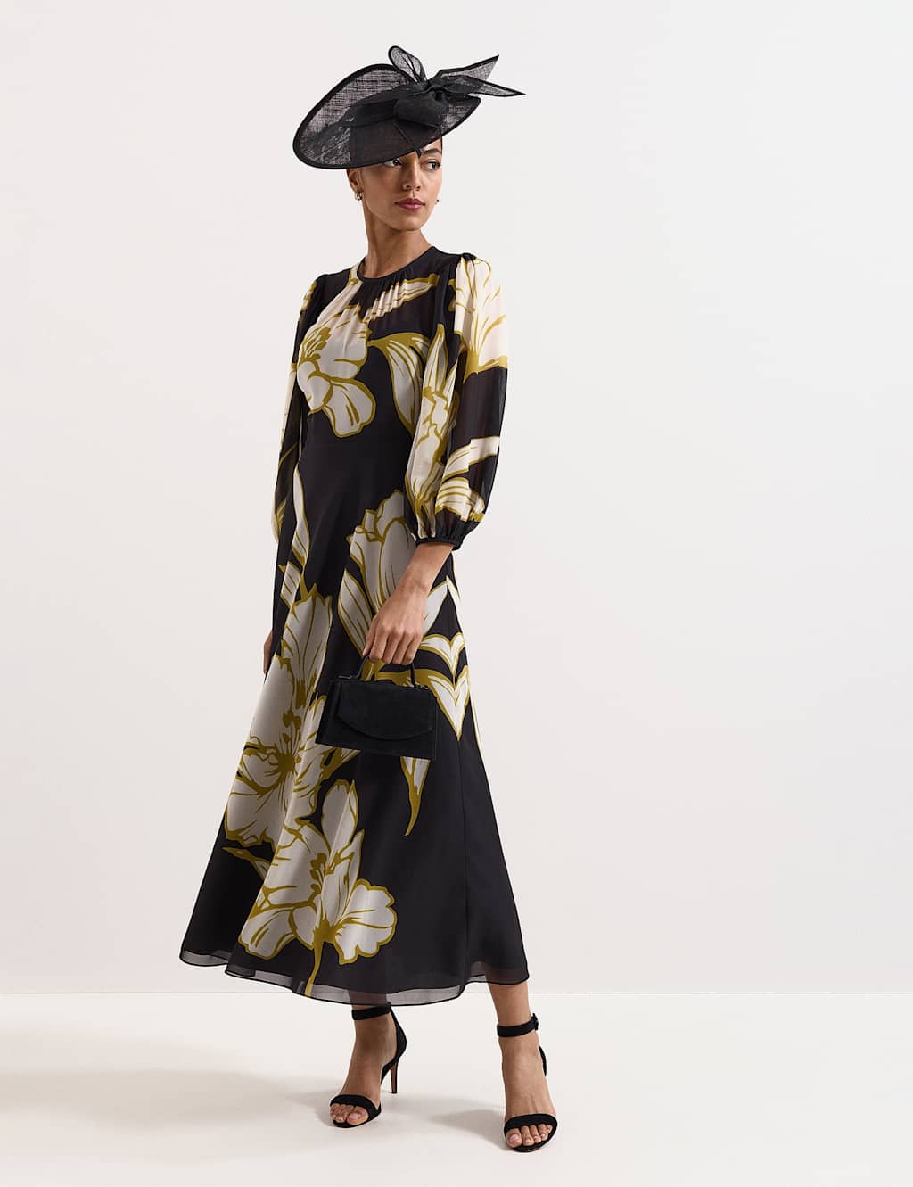 Phase Eight Women's Floral Blouson Sleeve Midi Skater Dress - 16 - Black Mix - Available at M&S