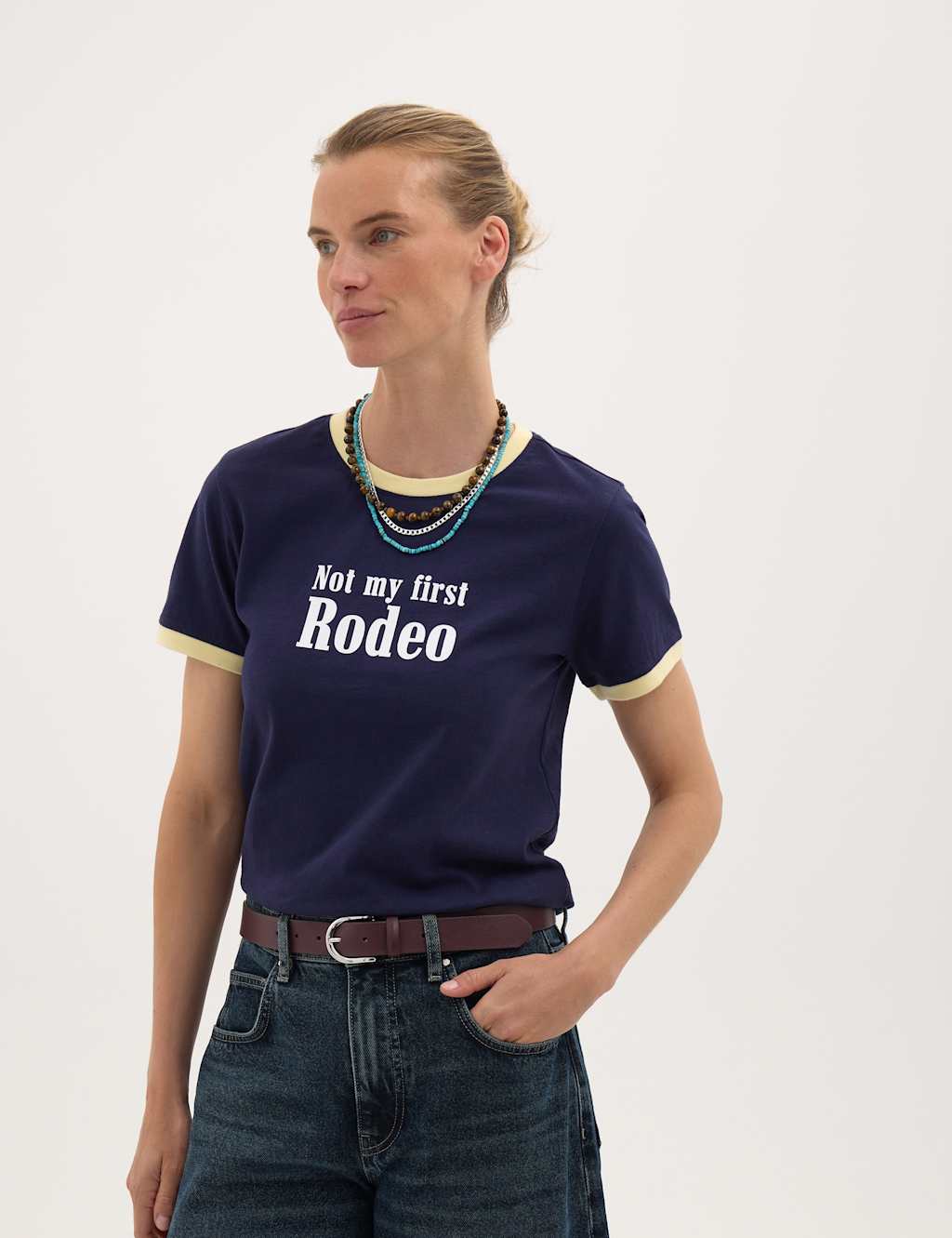 Hush Women's Pure Cotton Not My First Rodeo Ringer Tee - Extra Small - Dark Navy Mix - Available at M&S