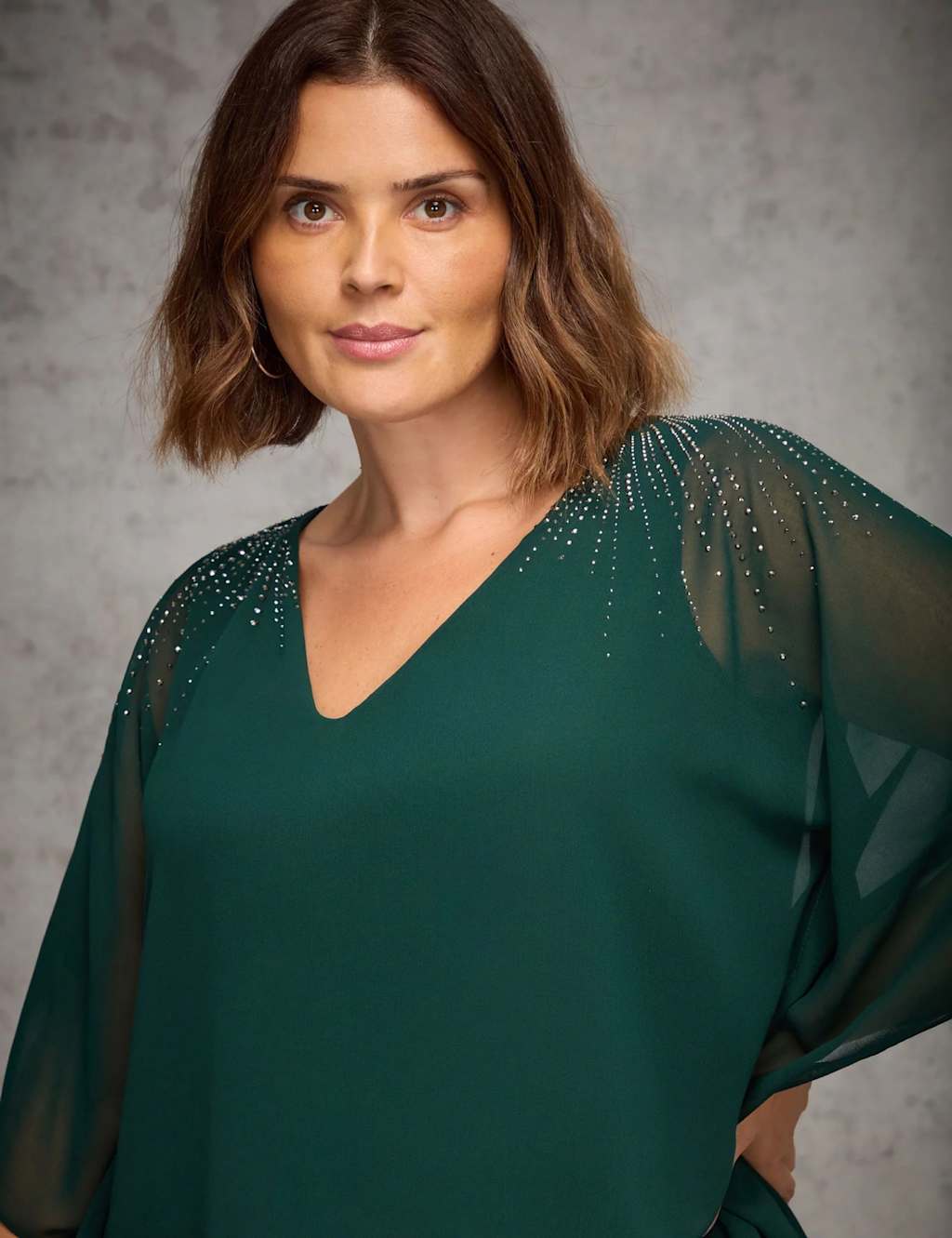 Live Unlimited London Chiffon Embellished V-Neck Overlay Top Dark Green