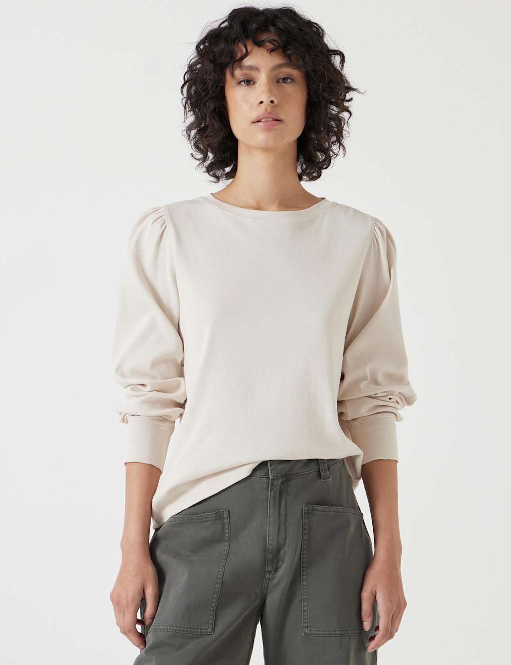 Hush Women's Emily Puff Sleeve Cotton Jersey Top - XS-S - Beige - Available at M&S