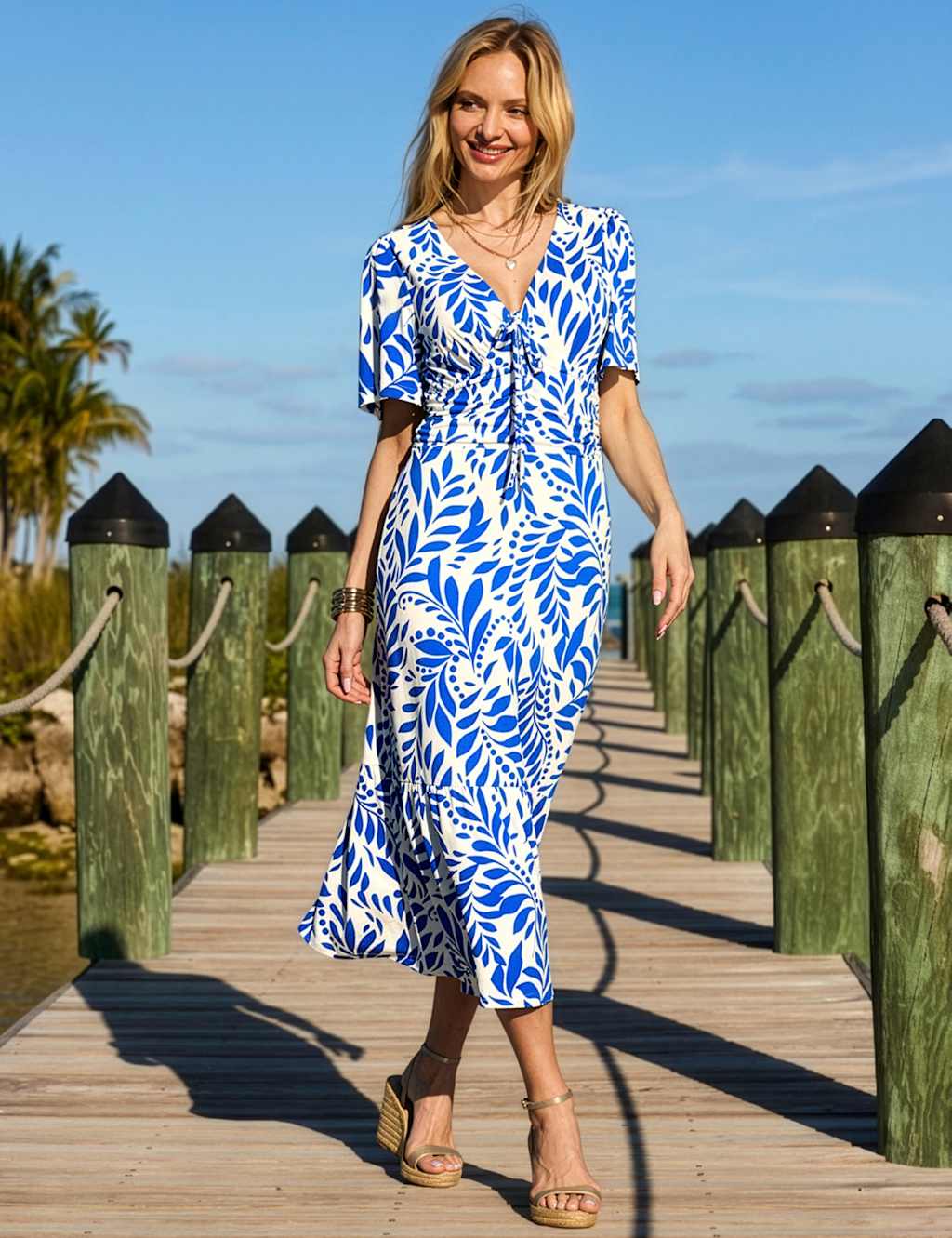 Sosandar Women's Floral V-Neck Ruched Midi Tea Dress - 10 - Blue Mix - Available at M&S
