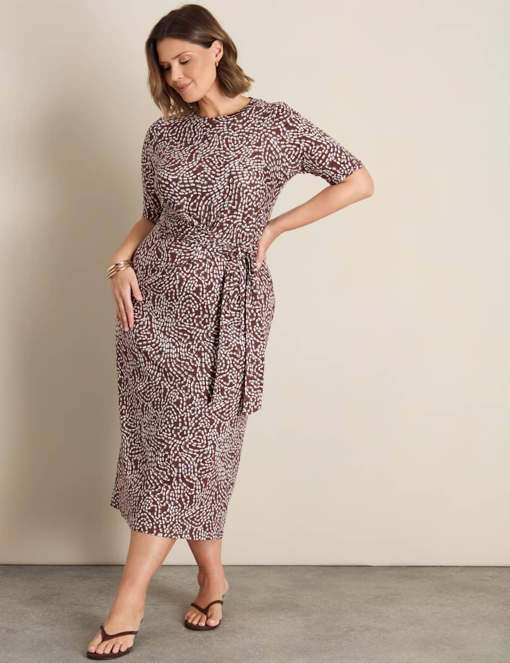 Live Unlimited London Women's Printed Tie Detail Midaxi Column Dress - 26 - Brown Mix - Available at M&S