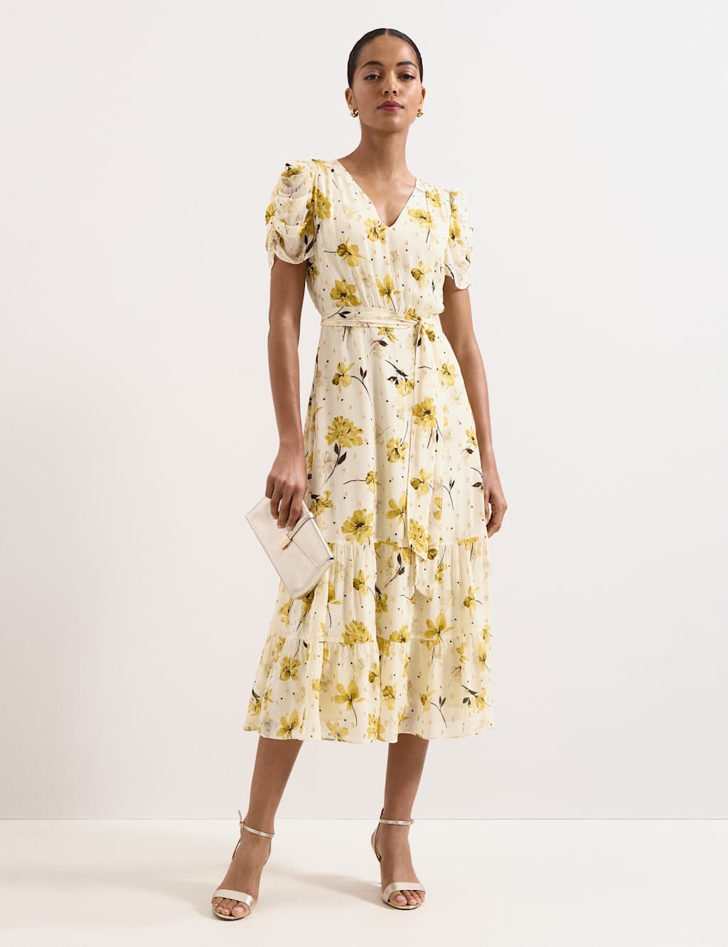 Phase Eight Women's Floral V-Neck Tie Waist Midi Tiered Dress - 12 - Yellow Mix - Available at M&S
