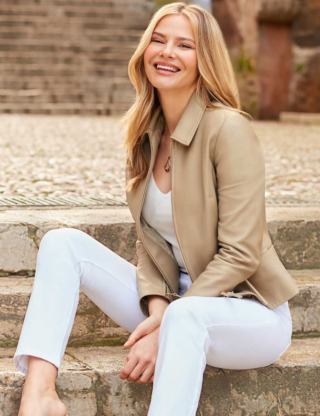 Leather Collared Zip Detail Bomber Jacket