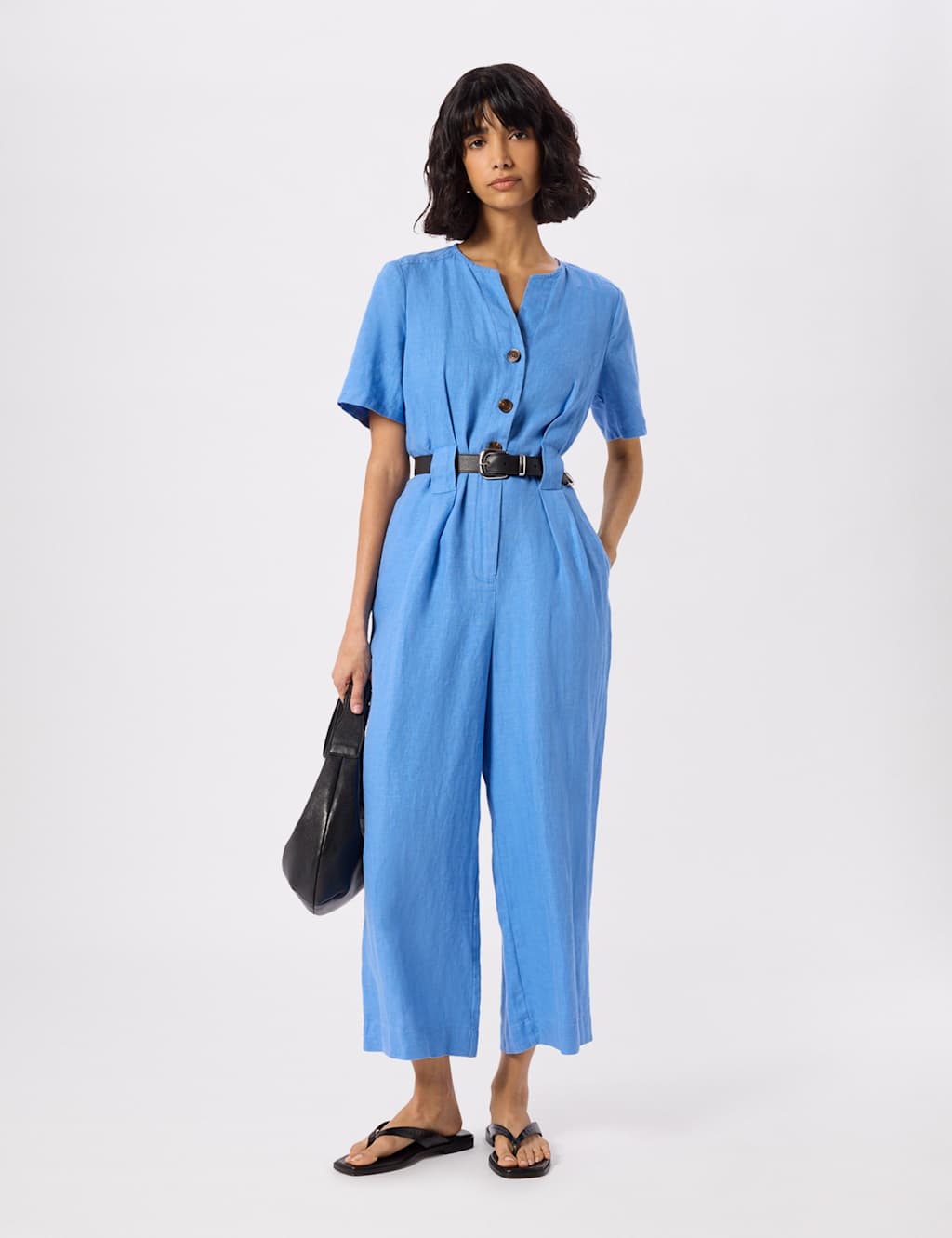 Whistles Women's Pure Linen Belted Cropped Jumpsuit - 8 - Blue - Available at M&S