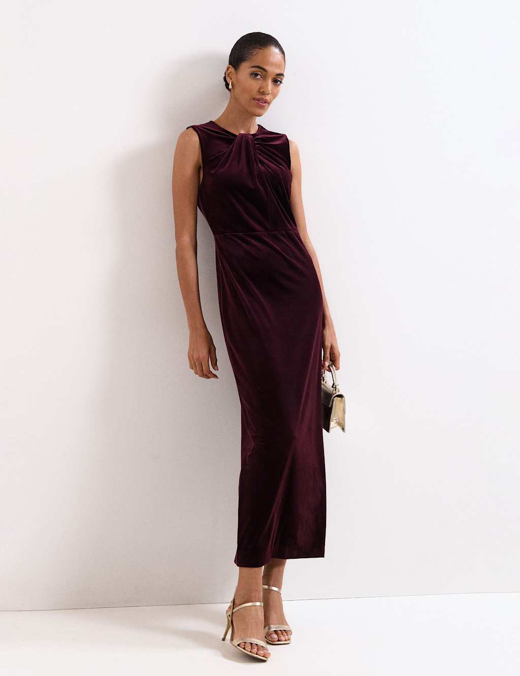 Phase Eight Velvet Twist Neck Maxi Column Dress Burgundy