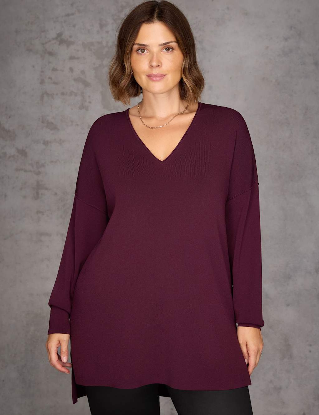 Live Unlimited London Ribbed V-Neck Longline Jumper Dark Burgundy