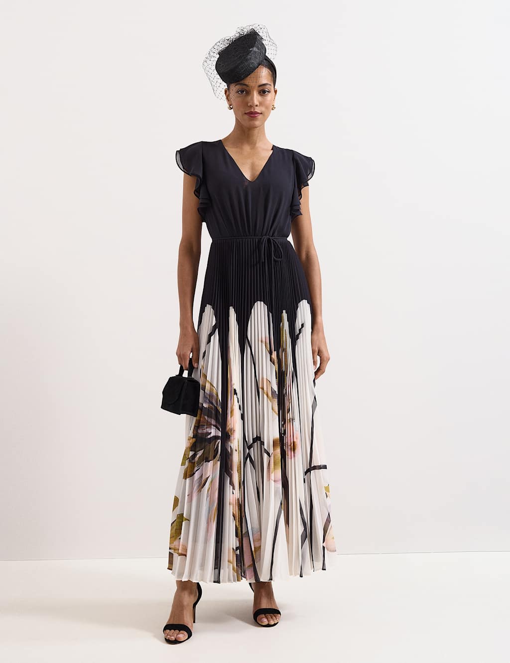 Phase Eight Women's Floral V-Neck Pleated Maxi Waisted Dress - 16 - Black Mix - Available at M&S