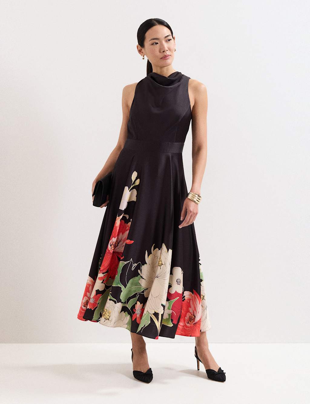 Phase Eight Floral Cowl Neck Midaxi Skater Dress Black Mix