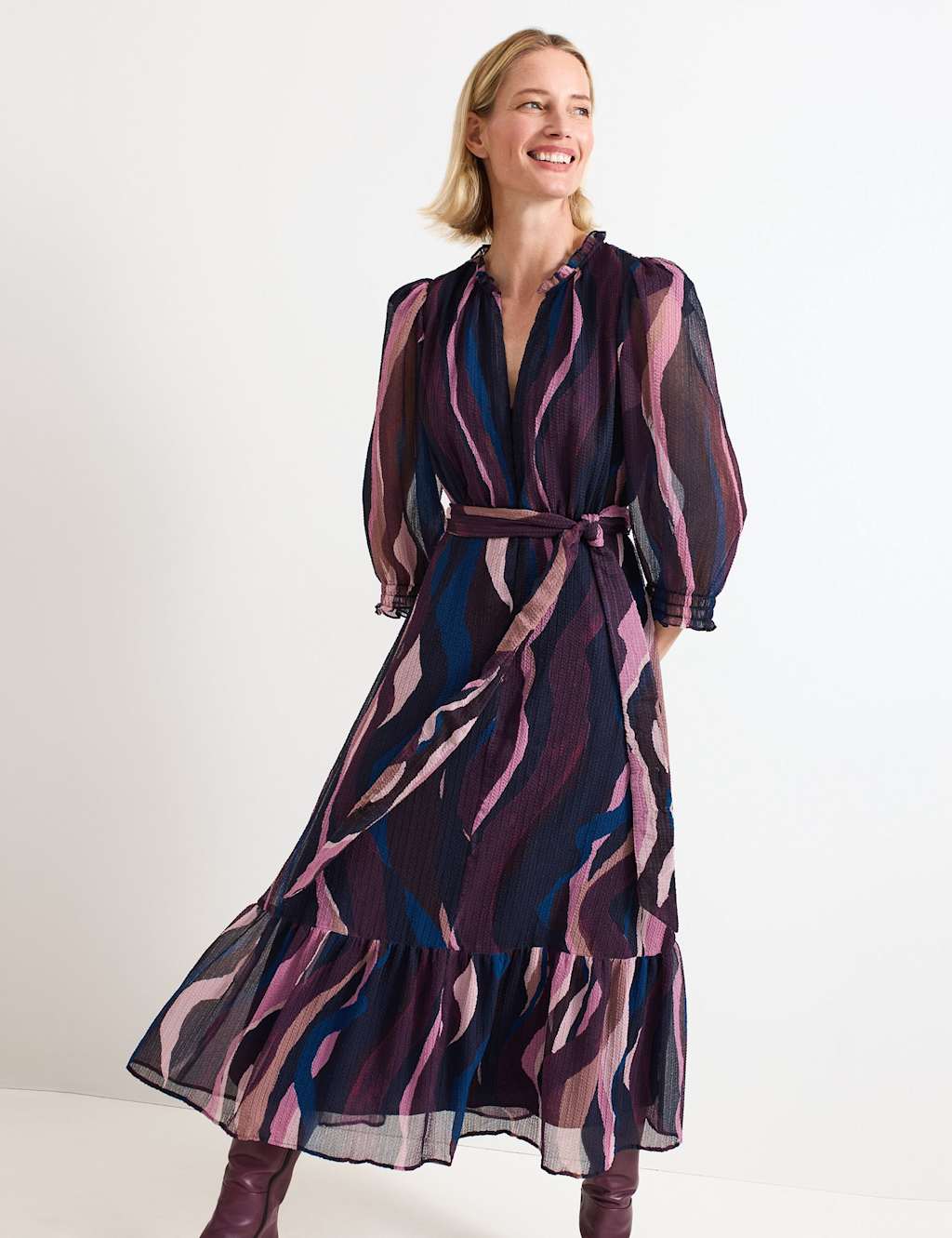 Phase Eight Printed V-Neck Tie Waist Midi Skater Dress Pink Mix